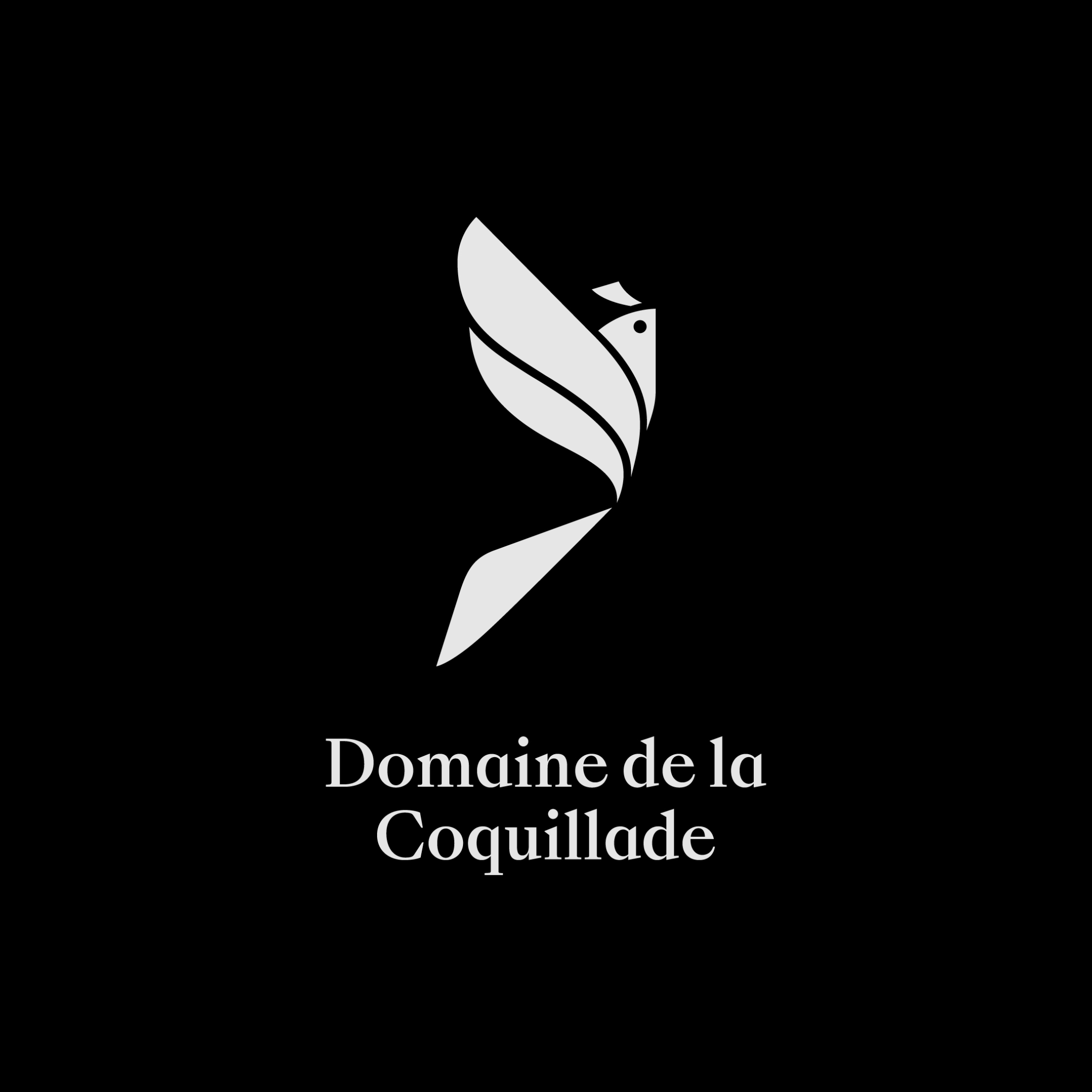 Domaine de la Coquillade logo, a stylised white crested lark on a black background