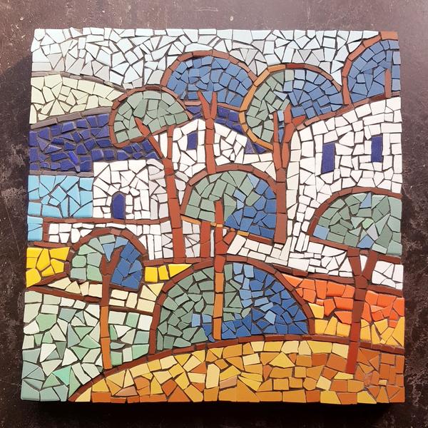 Artistic mosaic depicting a Mediterranean landscape with trees and houses