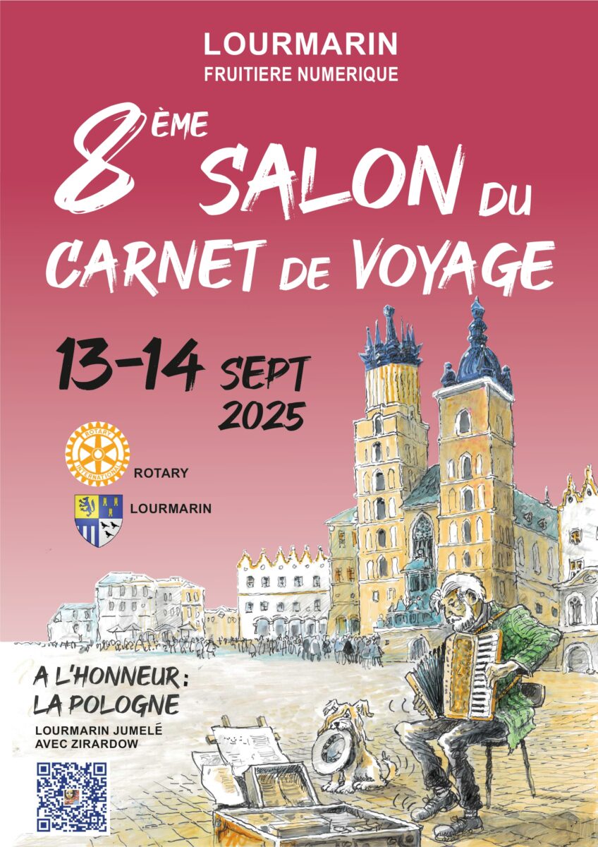Poster for the 8th Travel Sketchbook Fair in Lourmarin, on September 13 and 14, 2025, with Poland as the guest of honor