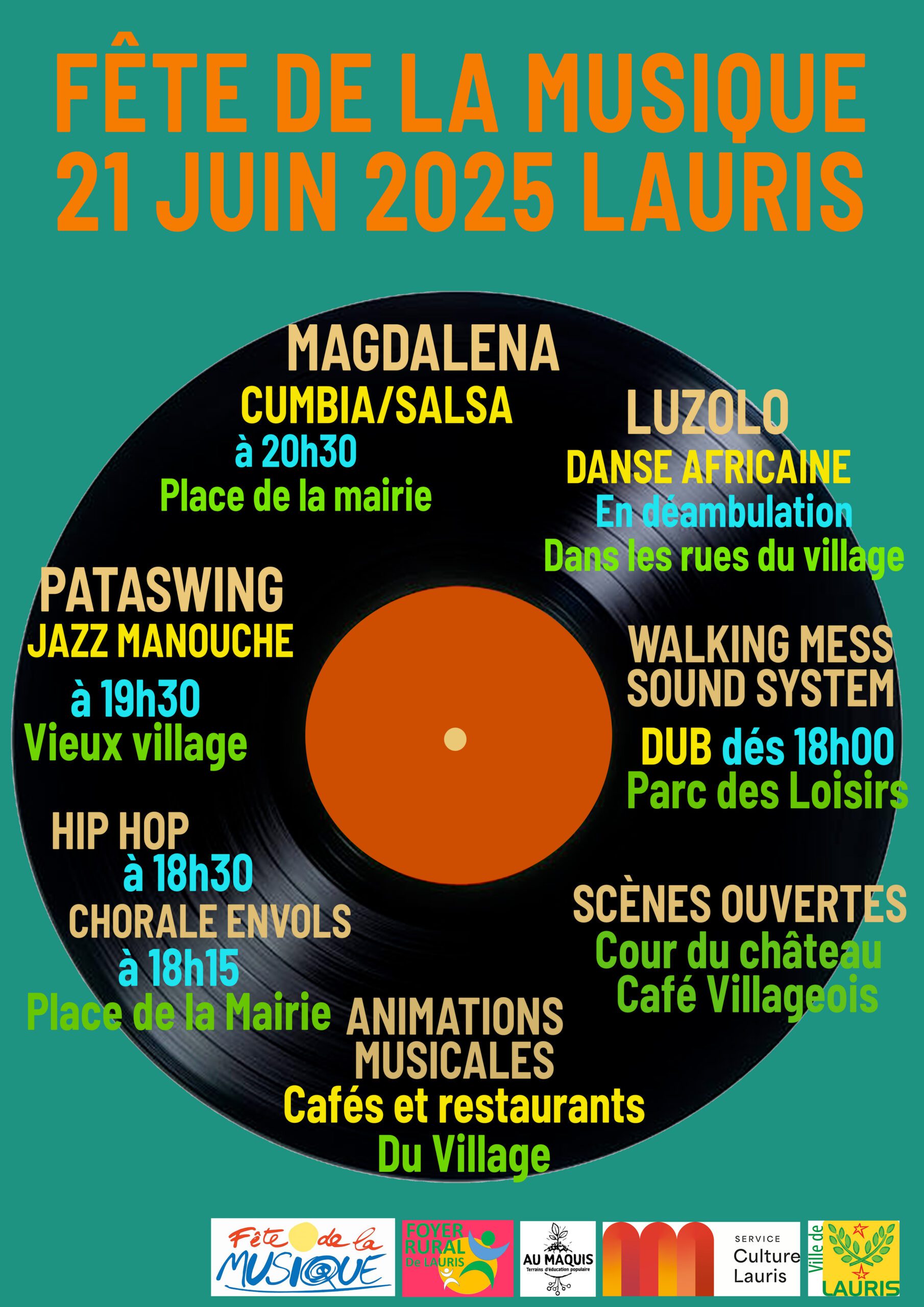 Fête de la Musique in Lauris on June 21, 2025: cumbia, gypsy jazz, hip-hop, dub, choir, African dance and open stages across the village Poster of the 2025 Fête de la Musique in Lauris – concerts, dancing and music all over the village