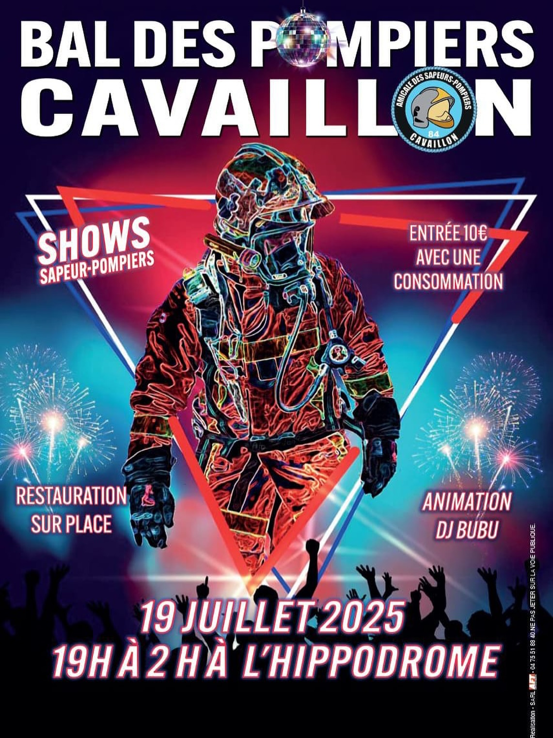 Poster for the Cavaillon firefighters' ball on July 19, 2025 at the racecourse, with firefighter shows, DJ Bubu, and on-site food.