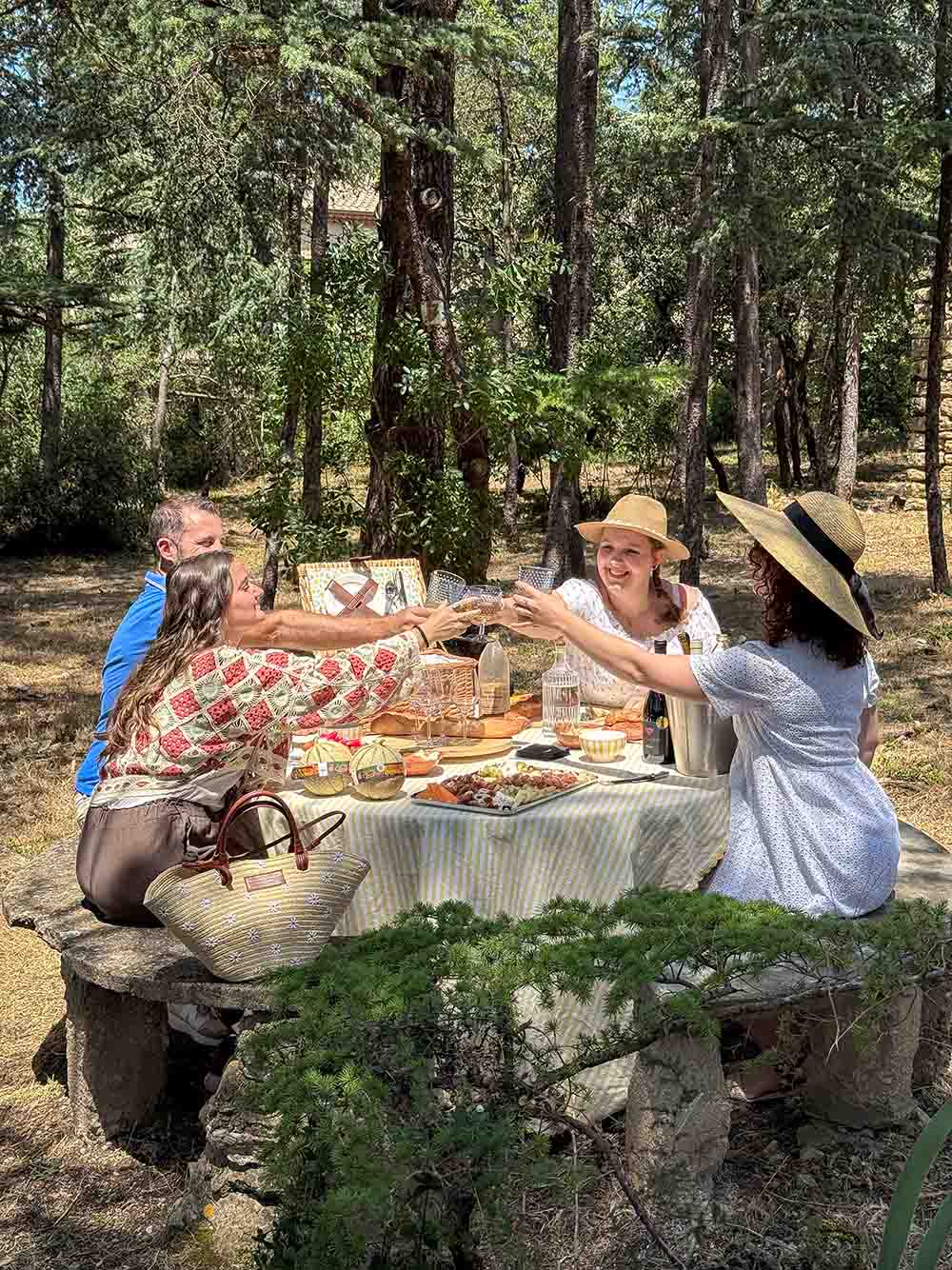 A shared moment of togetherness in the heart of the Cedar Forest Four friends cheerfully toast with wine glasses around a table laid out in a cedar forest.