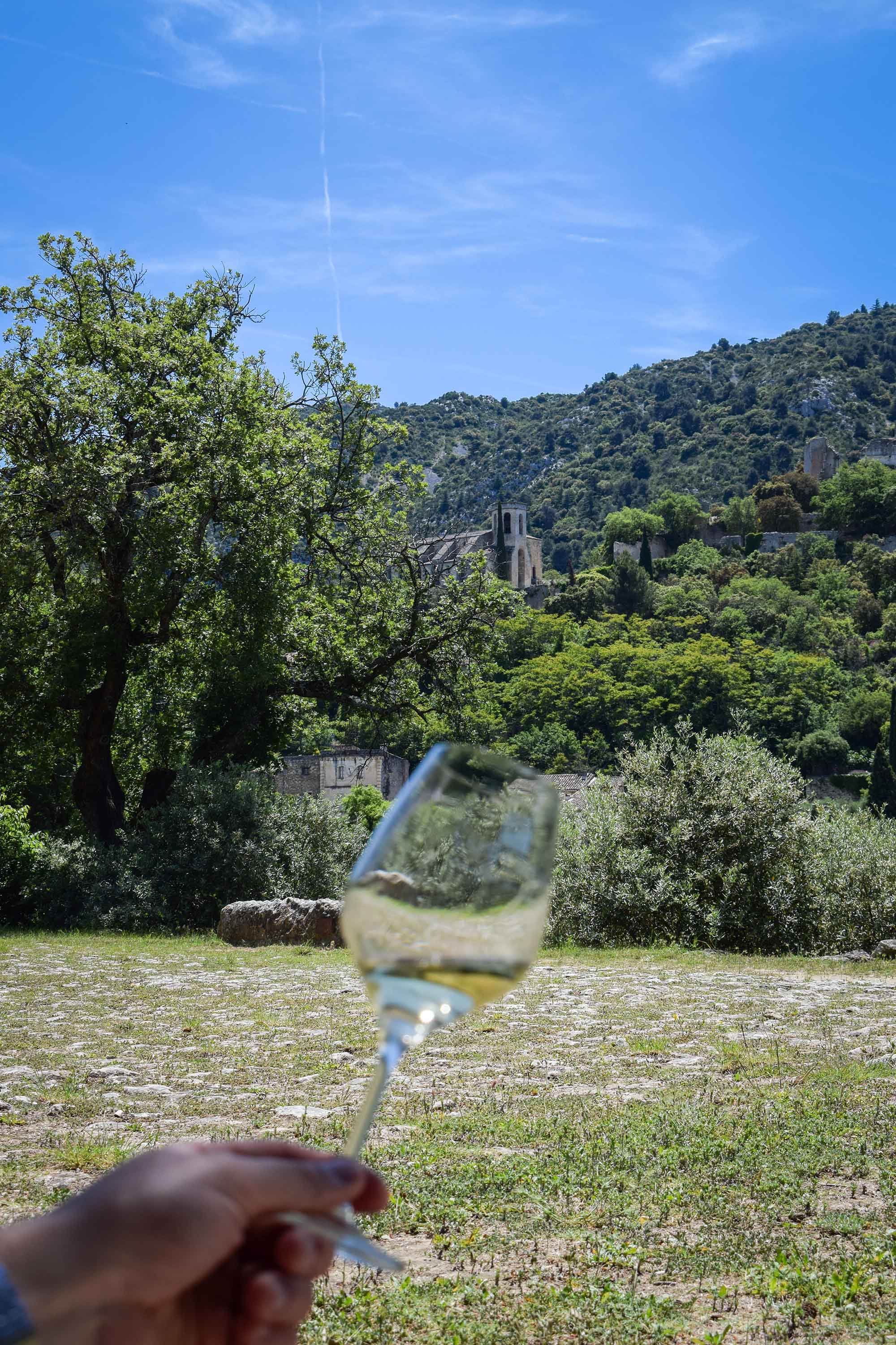 Toasting the beauty of the Luberon from the Sainte-Cécile Garden Close-up of a hand holding up a glass of white wine for a toast, slightly blurred in the foreground, with the medieval village of Oppède-le-Vieux and its green hills in sharp focus in the background.