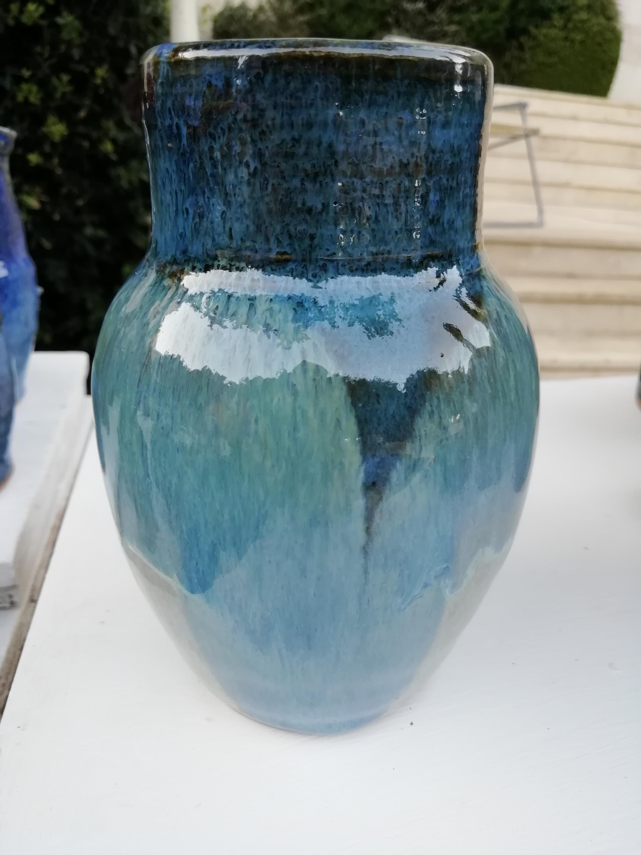 Stoneware vase with shades of blue and green, showcasing the craftsmanship of Poterie de Pierroux