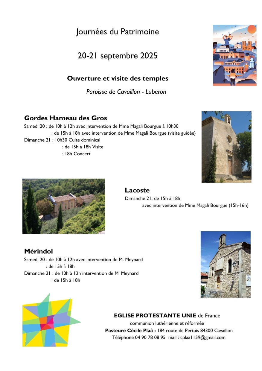 Poster of the 2025 Heritage Days - opening and visit of the Cavaillon-Luberon parish temples in Gordes, Mérindol and Lacoste
