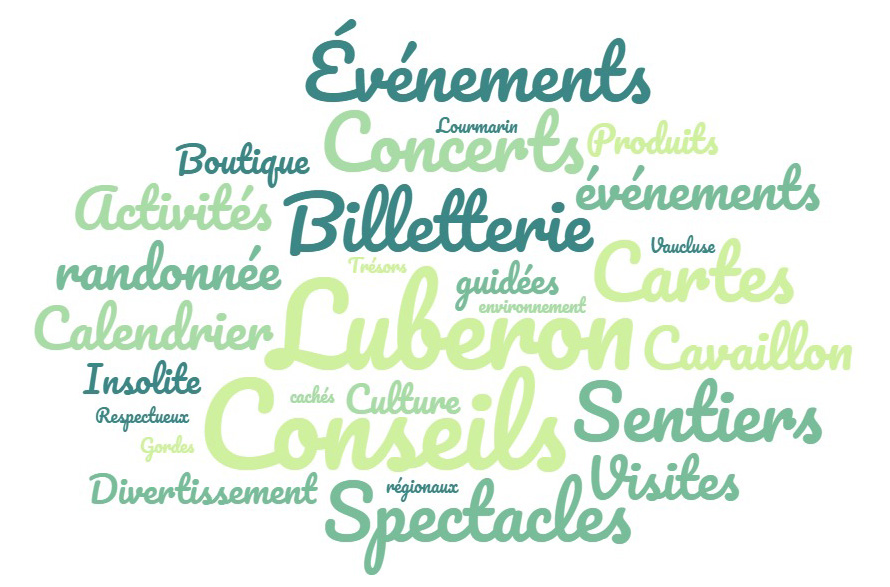 Word cloud illustrating Destination Luberon Tourist Office with terms like advice, events, hiking, concerts, ticketing and guided tours