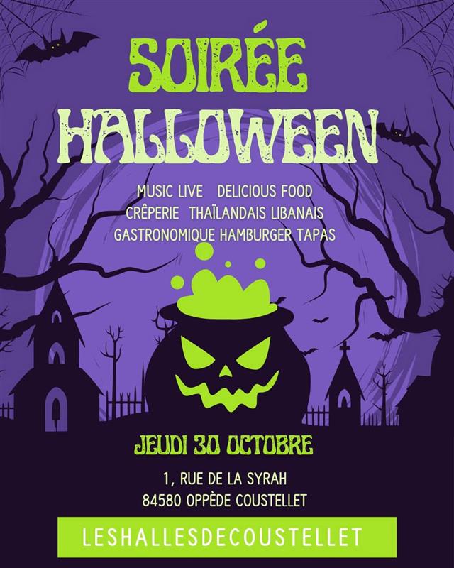 Halloween Party poster at Les Halles de Coustellet in Oppède, live music and gourmet food trucks