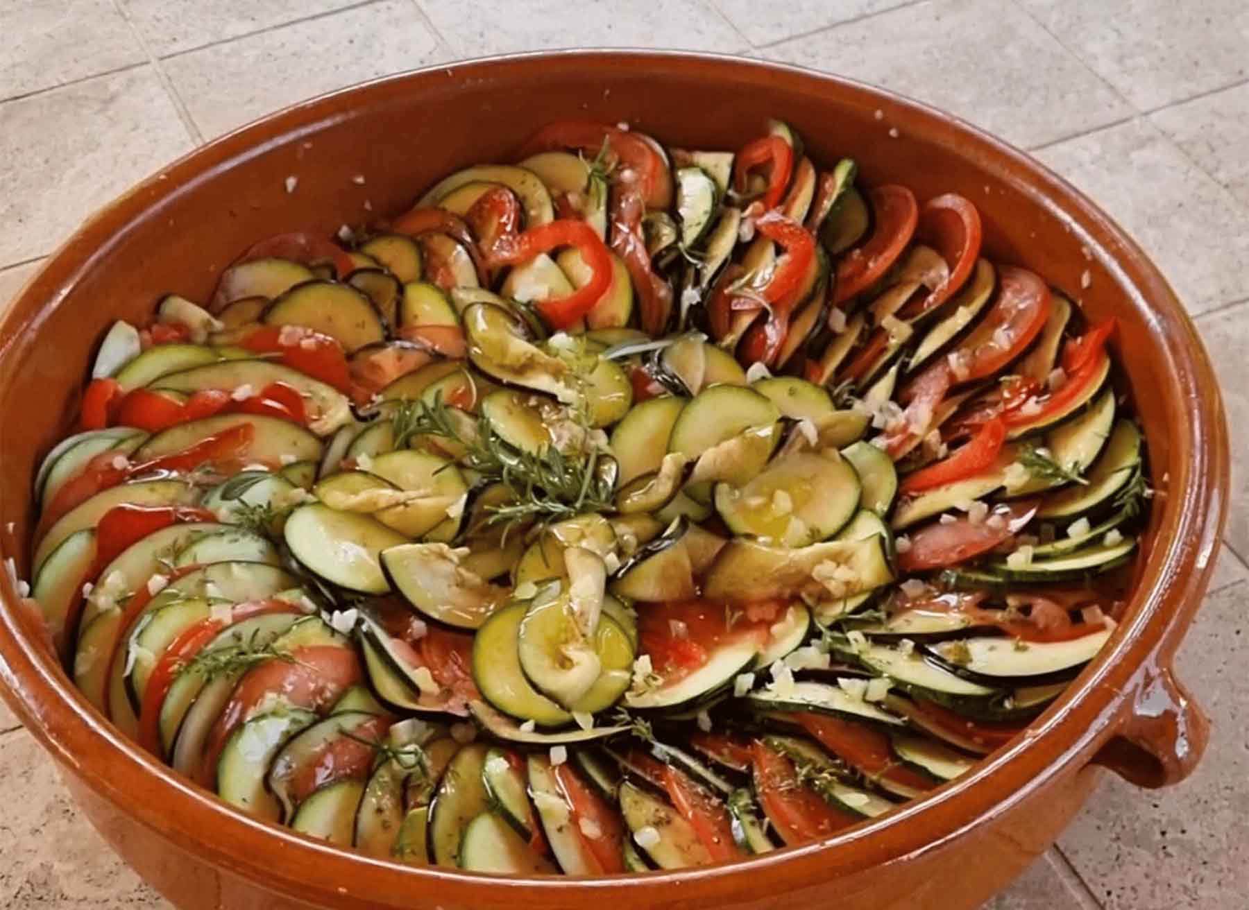 Large Provençal vegetable tian with courgettes, tomatoes and aubergines cooked by Les Petits Plats de Viviane