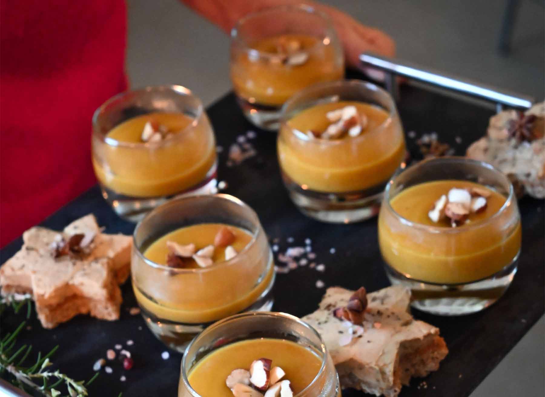 Pumpkin velouté verrines topped with dried fruits, prepared by Les Petits Plats de Viviane