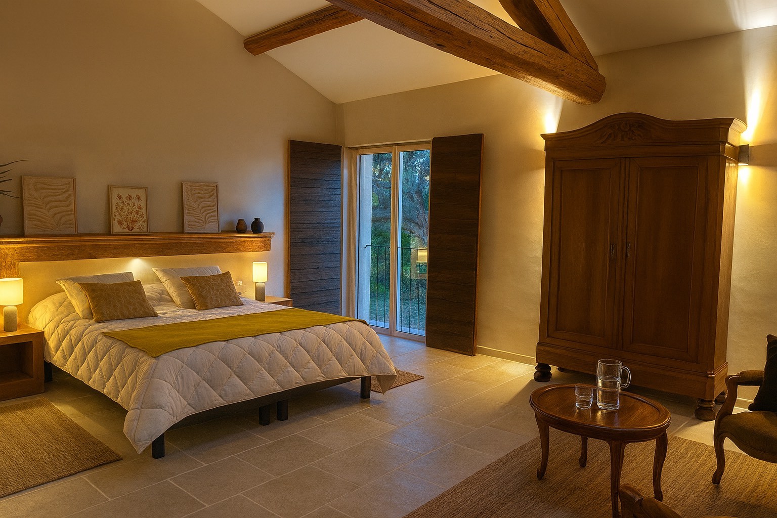 Bedroom at Mas Le Jas de la Cascade with double bed, exposed wooden beams and Provençal atmosphere in the Luberon