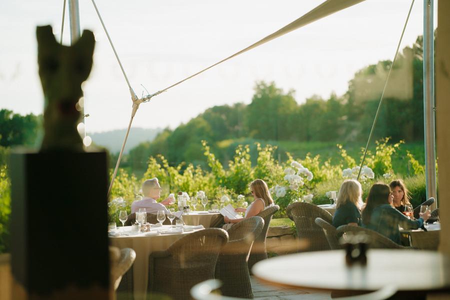 Terrace with views over the Luberon vineyards Terrace of Les Vignes & Son Jardin restaurant overlooking the Luberon vineyards at Coquillade Provence