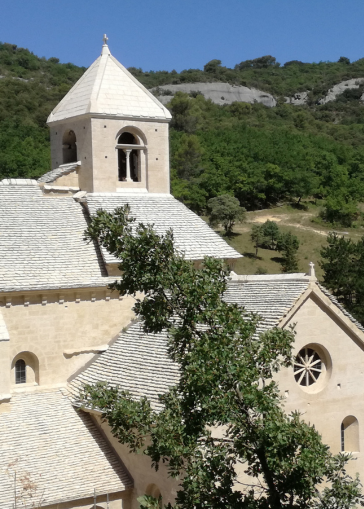 Abbey church of Sénanque Abbey, Cistercian Romanesque architecture overlooking the monastery
