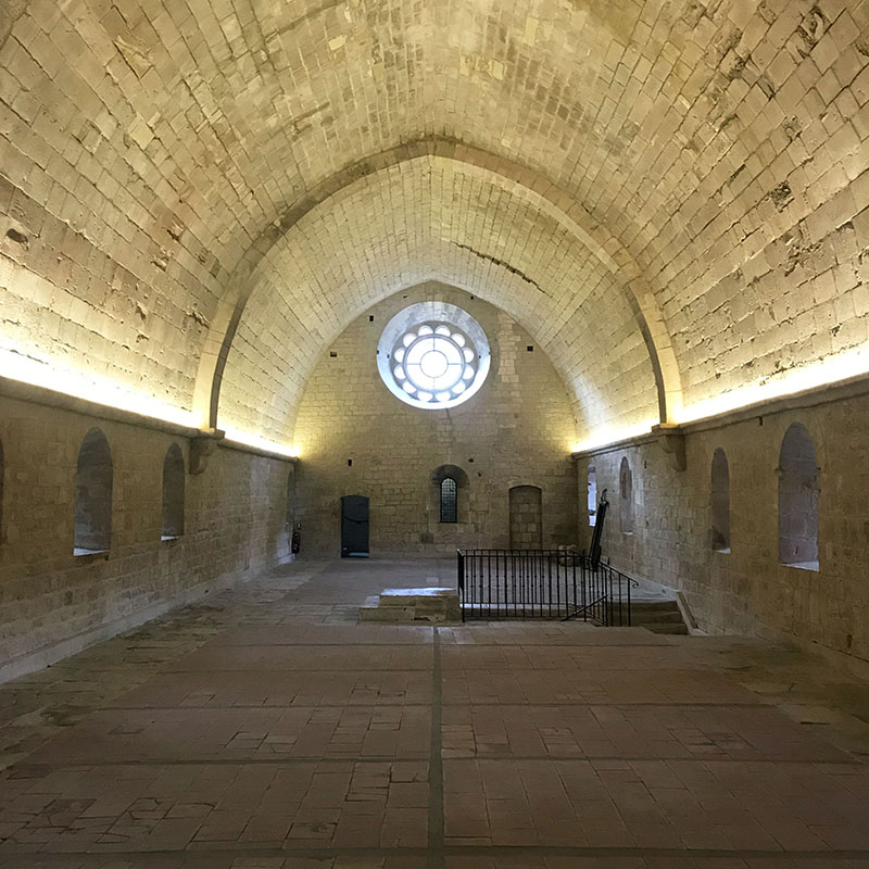 Dormitory of Sénanque Abbey, a vast vaulted hall illustrating daily life and Cistercian simplicity