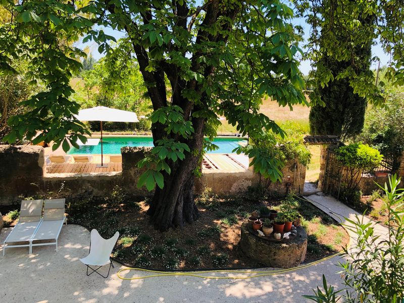 Heated swimming pool and tree-lined grounds at Le Mas de la Sorgue