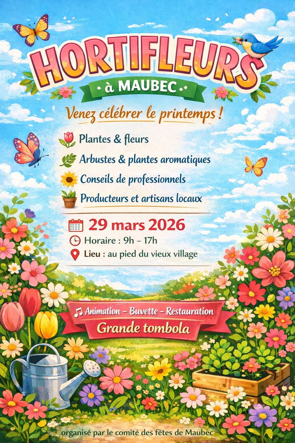 Poster for the Hortifleurs event in Maubec on March 29, 2026, featuring a plant and flower market with entertainment, refreshments and raffle