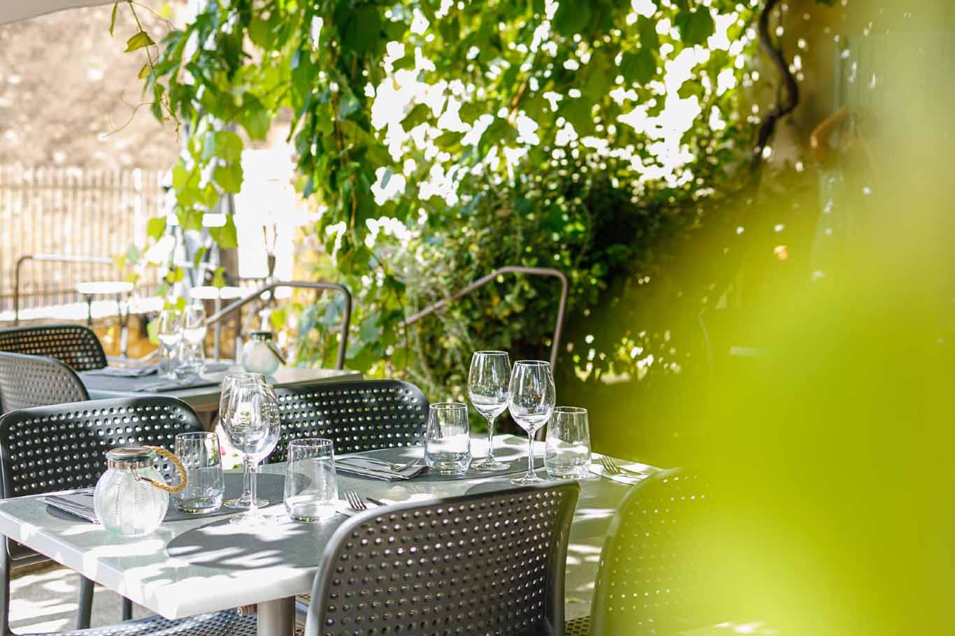 Table set on the terrace under the vine at Bistrot des Roques in Saint-Pantaléon