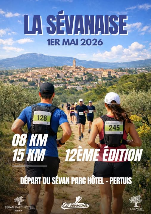 Official poster of La Sévanaise 2026 in Pertuis. Nature trail on May 1, 2026, 8 km and 15 km routes, start at Sévan Parc Hotel.
