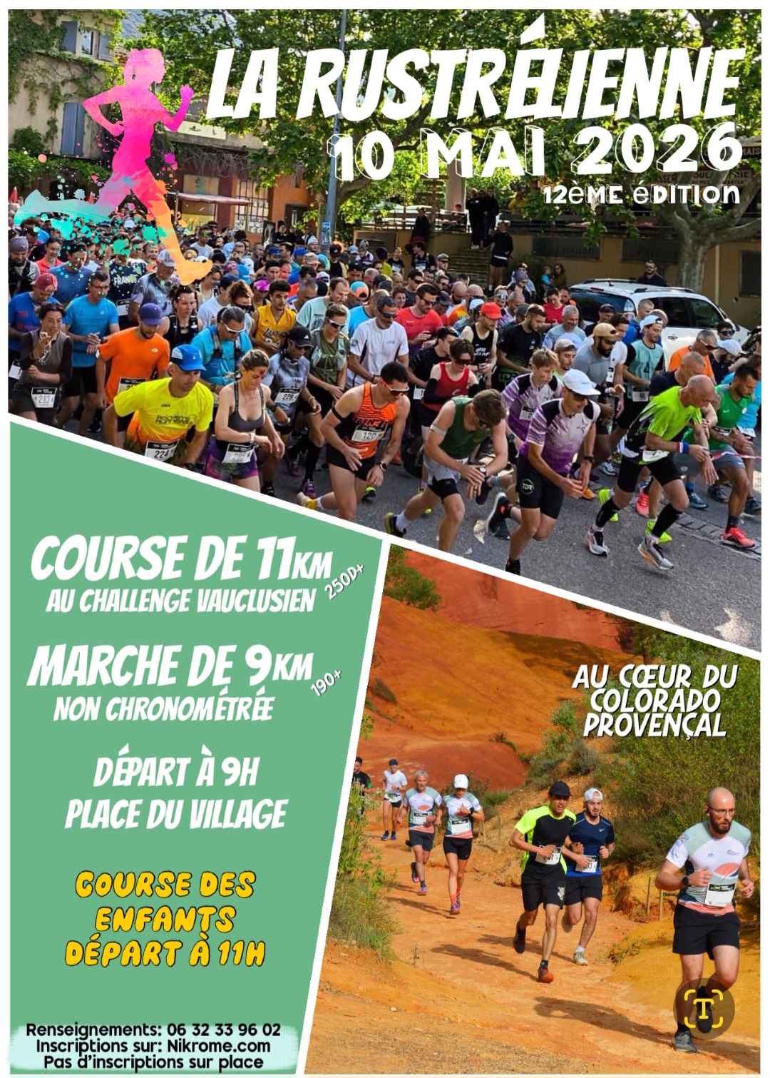 Official poster of La Rustrelienne 2026 in Rustrel, 11 km trail race and 9 km walk in the heart of the Colorado Provençal