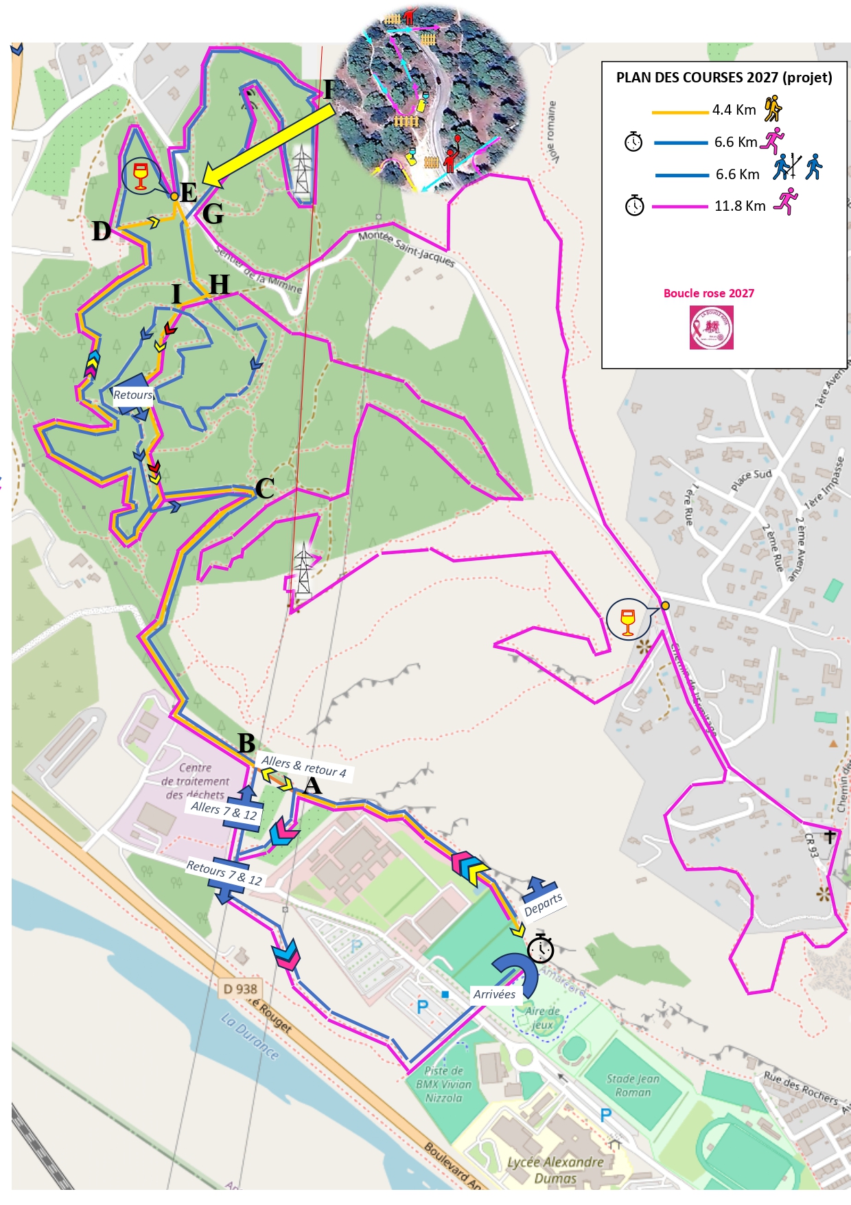 Detailed map of La Boucle Rose 2026 routes in Cavaillon: 12 km and 7 km trail routes and 7 km and 4 km walks on Saint-Jacques Hill