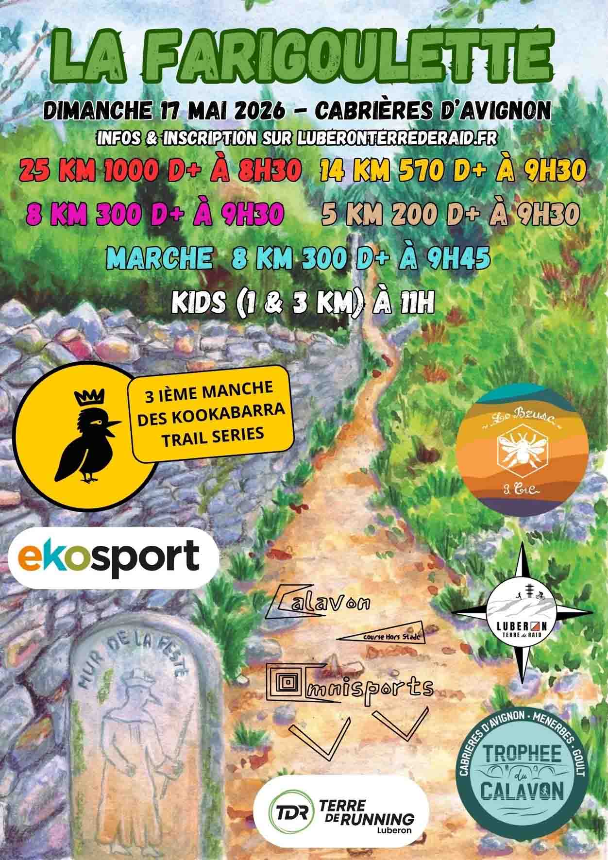 Official poster of La Farigoulette 2026 in Cabrières-d’Avignon, 25 km, 14 km, 8 km and 5 km trail races, 8 km walk and children’s races.