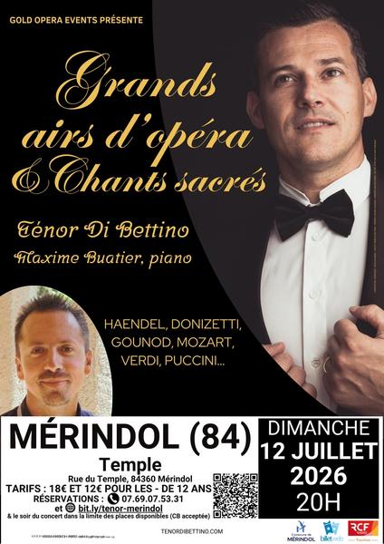 Poster of the concert Great Opera Arias and Sacred Songs with Tenor Di Bettino and pianist Maxime Buatier in Mérindol