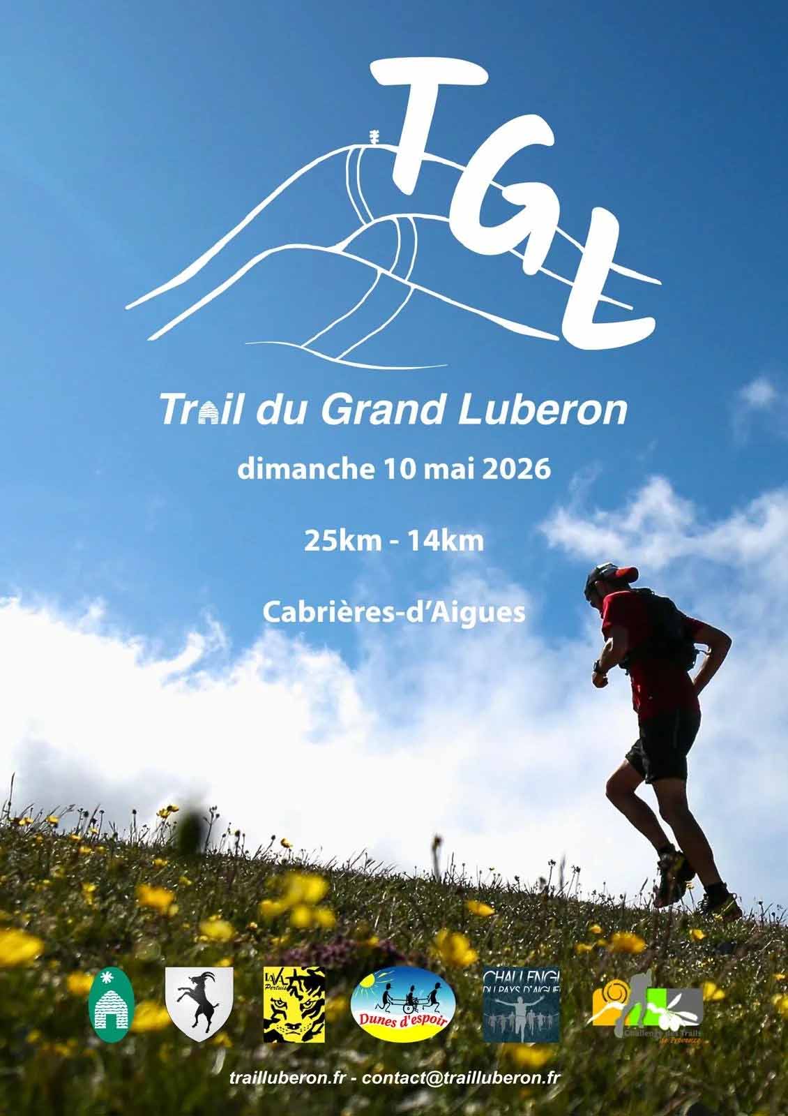 Poster of the Trail du Grand Luberon in Cabrières-d'Aigues with a trail runner in the mountains and the information: May 10, 2026, 25 km and 14 km races.