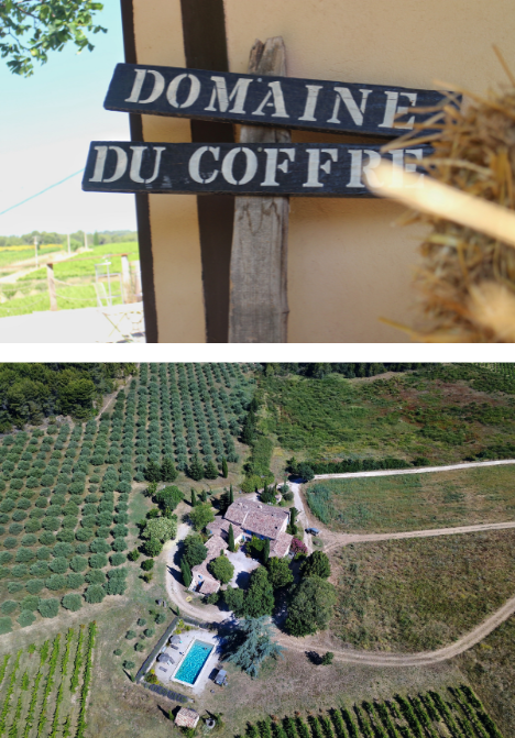 Domaine du Coffre sign and aerial view of the estate in the vineyard landscape
