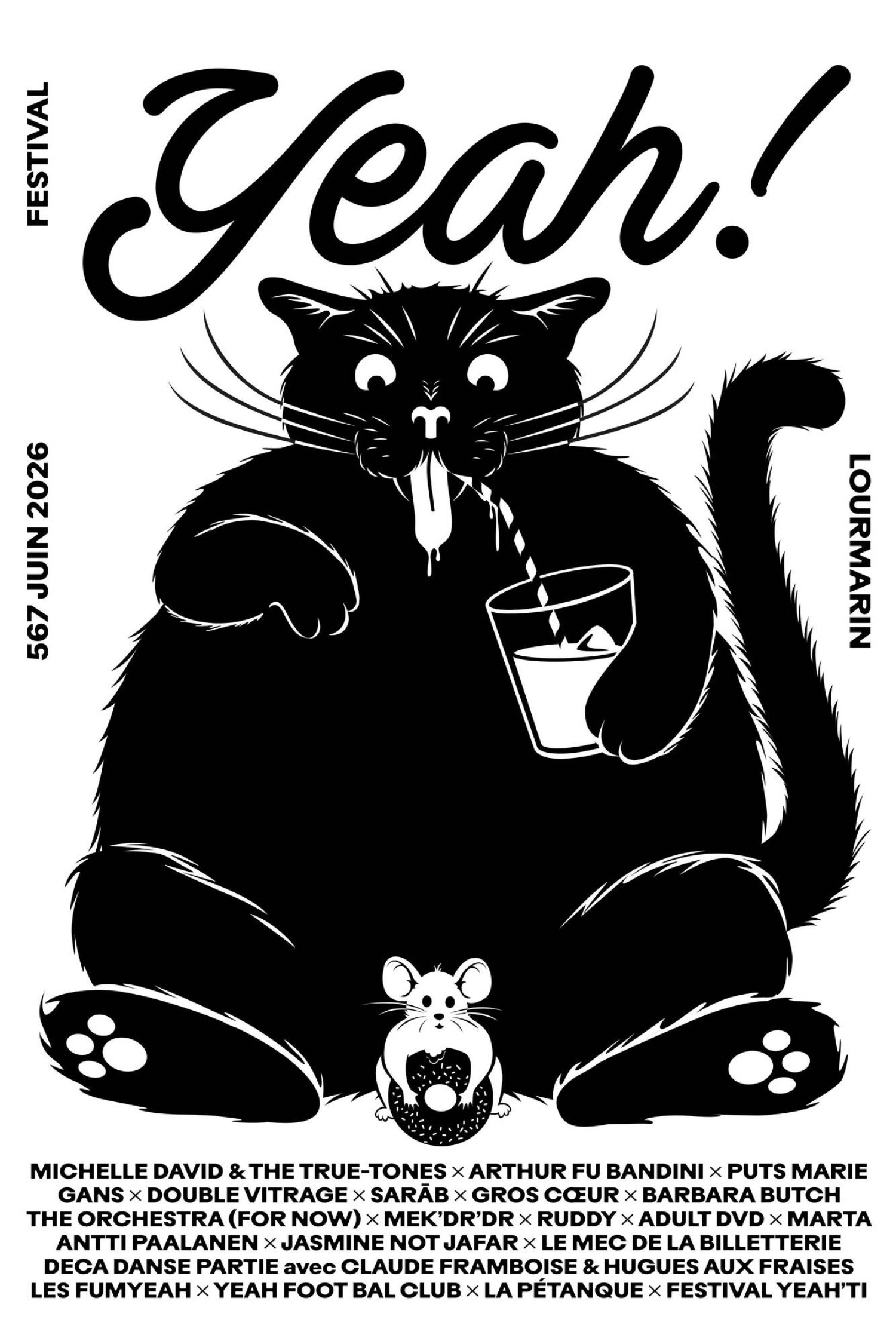 Yeah! Festival 2026 in Lourmarin, Provence – music festival at Château de Lourmarin Yeah! Festival 2026 poster in Lourmarin, Provence, France, featuring a black illustrated cat holding a drink, from June 5 to 7 at Château de Lourmarin music festival