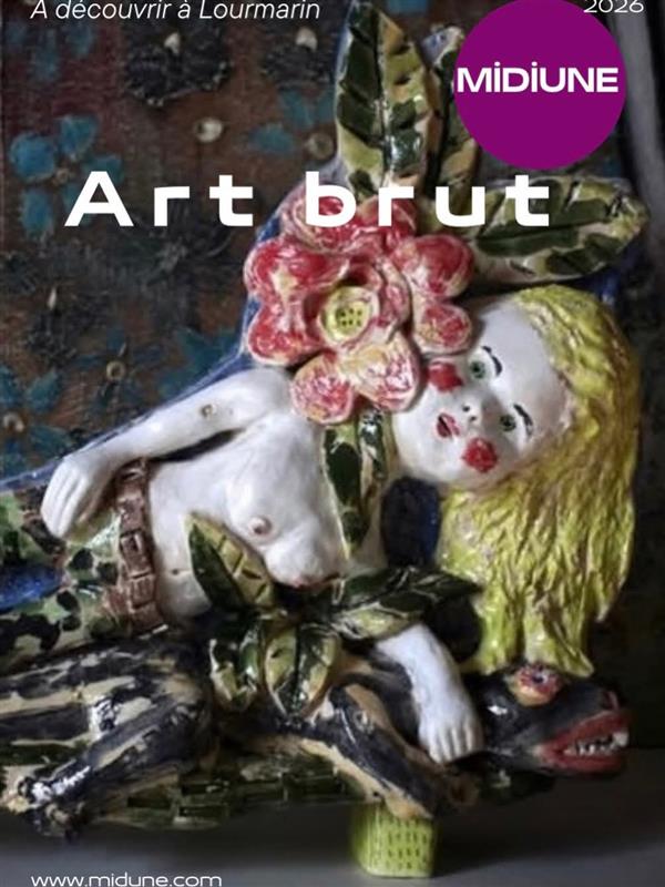 Poster of the Outsider Art exhibition at Midiune Gallery in Lourmarin featuring a figurative and singular ceramic sculpture.