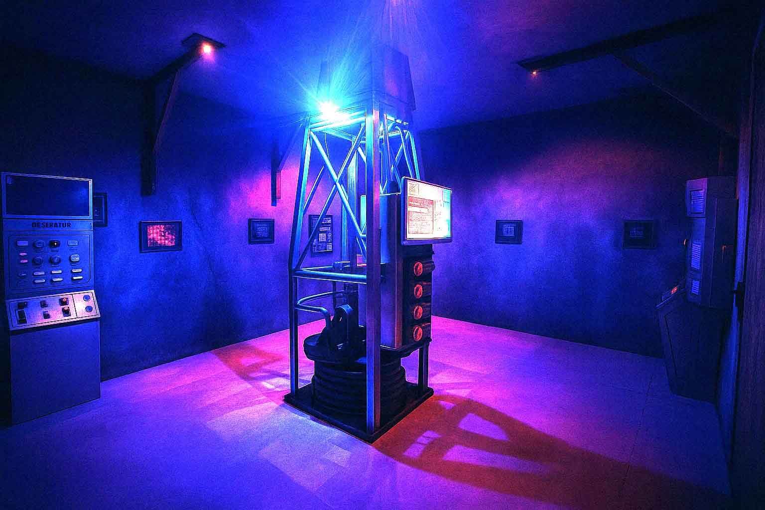 Immersive set of the Action Game Last Adventures in Les Taillades with blue and purple neon lighting and futuristic machinery