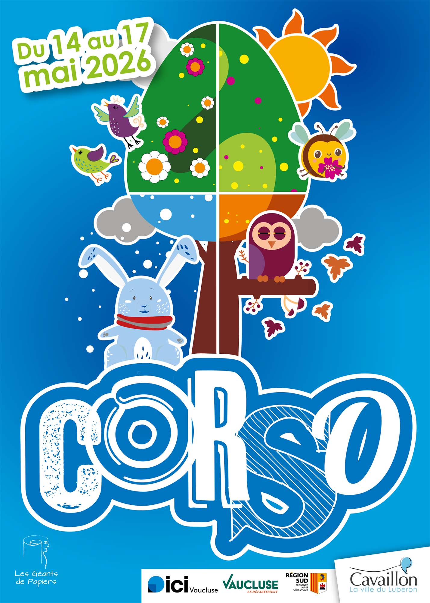 Poster for the Corso of Cavaillon 2025, from May 28 to June 1, illustrated in an imaginative and colourful style with hot air balloons, giant mushrooms, a clock and a rocket