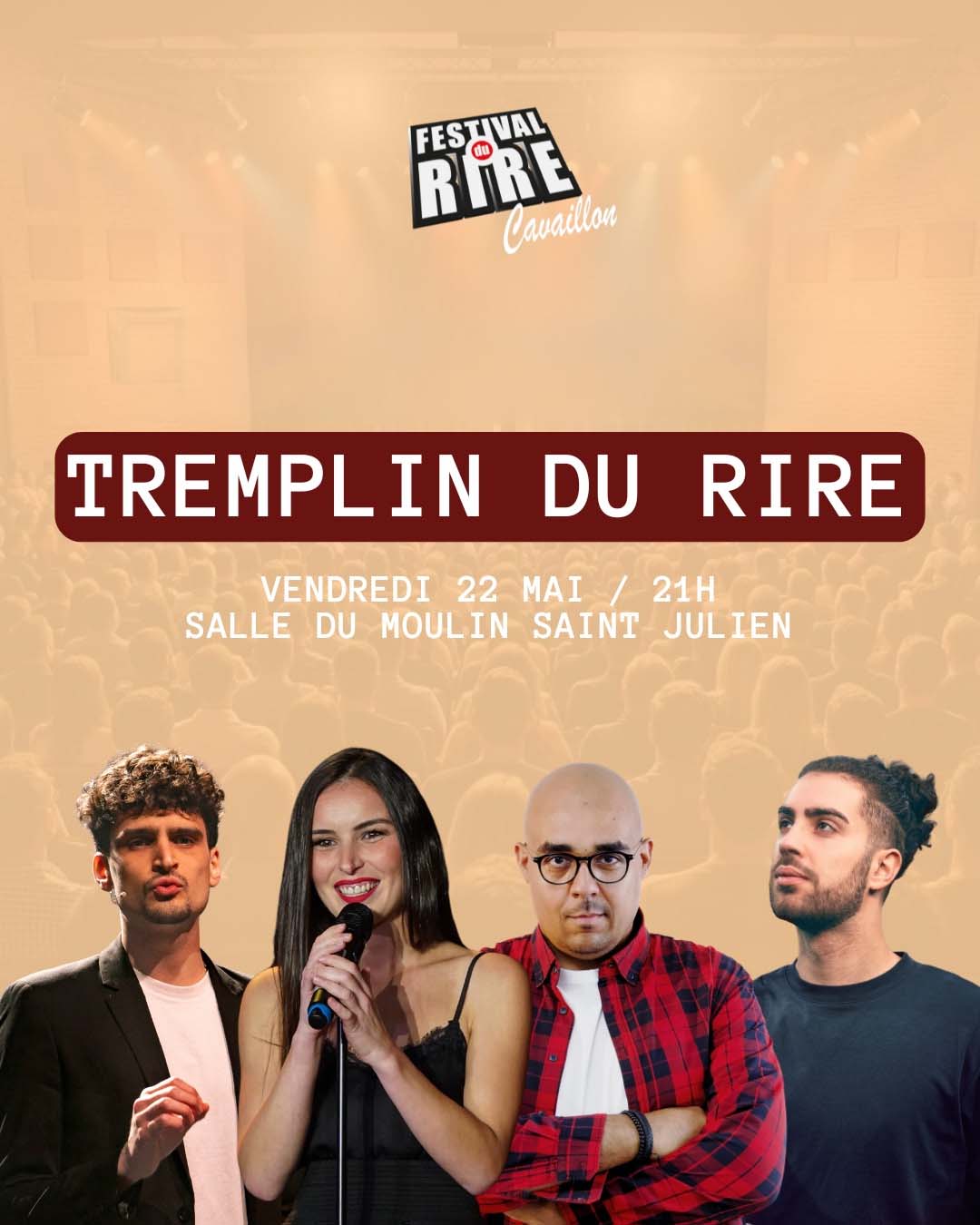 Poster of the Comedy Talent Show at the Cavaillon Comedy Festival 2026 featuring four comedians on stage