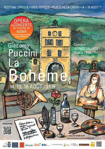 Poster of the Sunset Concert Festival 2026 in Oppède, featuring Puccini’s La Bohème and the Young Talents concert