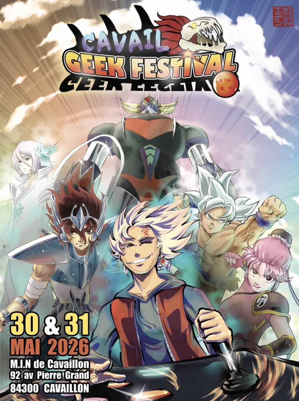 Poster for the Cavail' Geek Festival 2026 in Cavaillon featuring characters inspired by the worlds of manga and Japanese animation