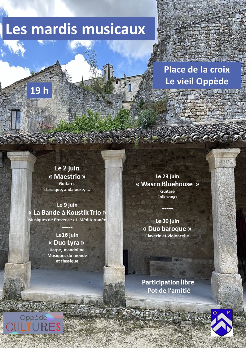 Poster for Les Mardis Musicaux in Old Oppède, open-air concerts on Place de la Croix