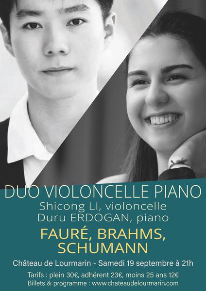 Poster for the cello and piano duo with Shicong Li and Duru Erdoğan at the Château de Lourmarin