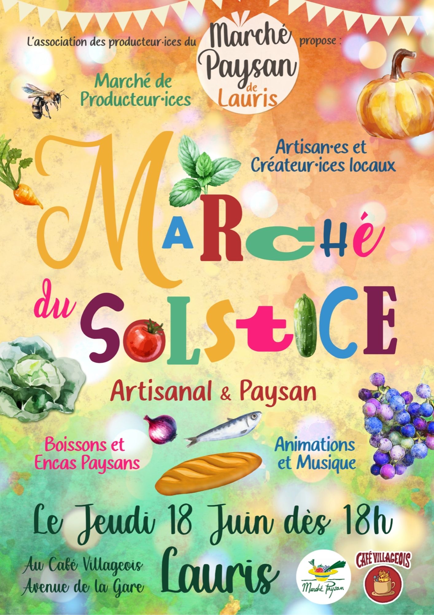 Affiche du Summer solstice market à Lauris avec producteurs, artisans, animations et musique