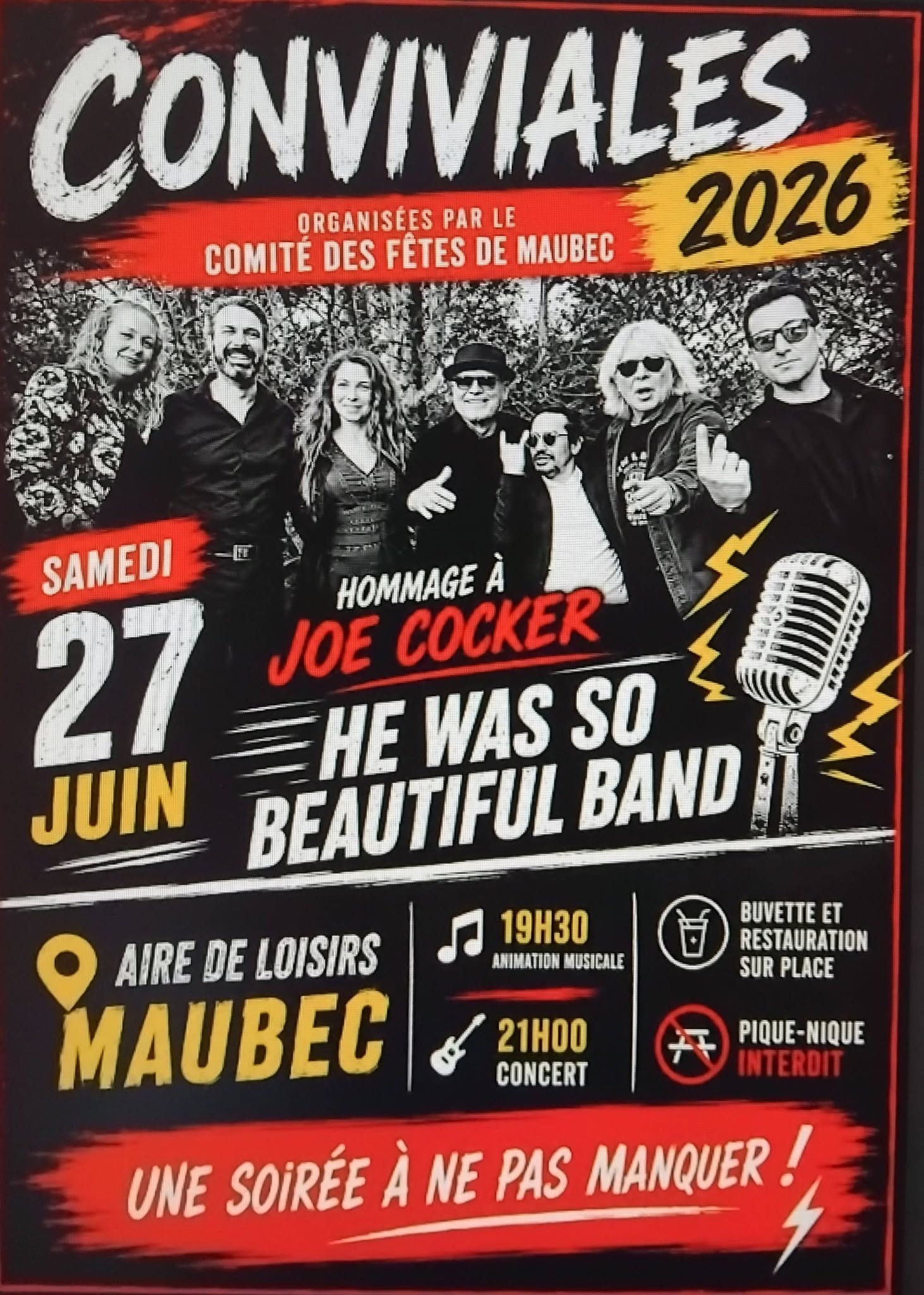 Poster of Les Conviviales de Maubec 2026 with a tribute to Joe Cocker by He Was So Beautiful Band