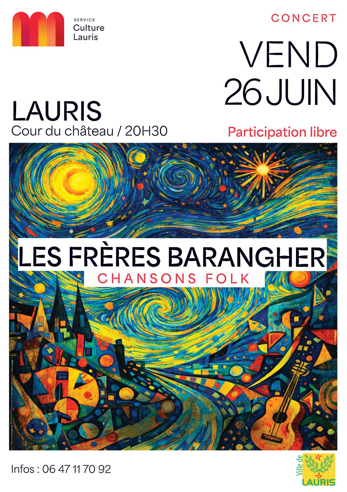 Folk concert with Les Frères Barangher à Lauris Poster of the folk concert with Les Frères Barangher in the courtyard of Château de Lauris
