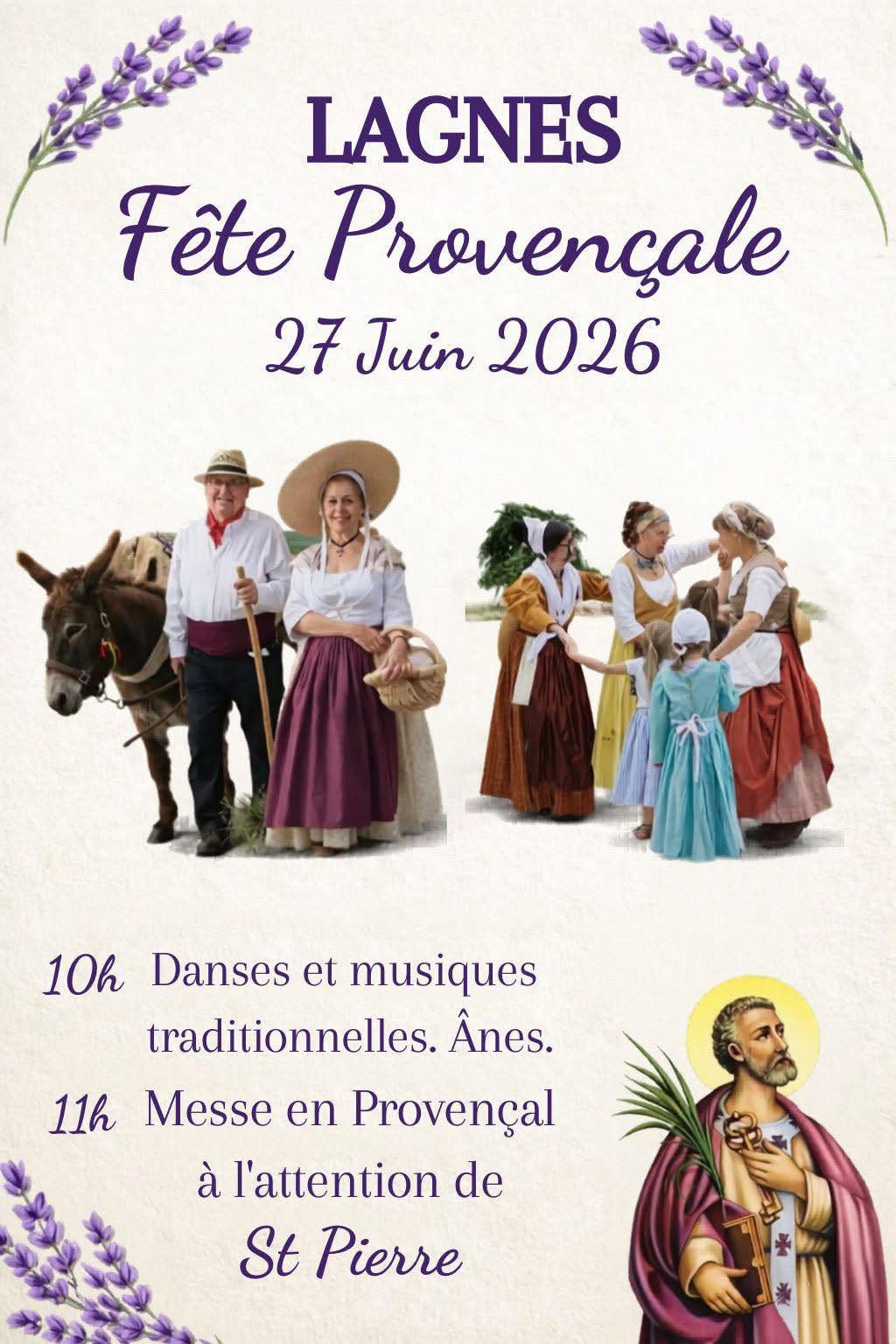 Affiche de la Provençal festival in Lagnes avec danses, musiques traditionnelles et messe en provençal