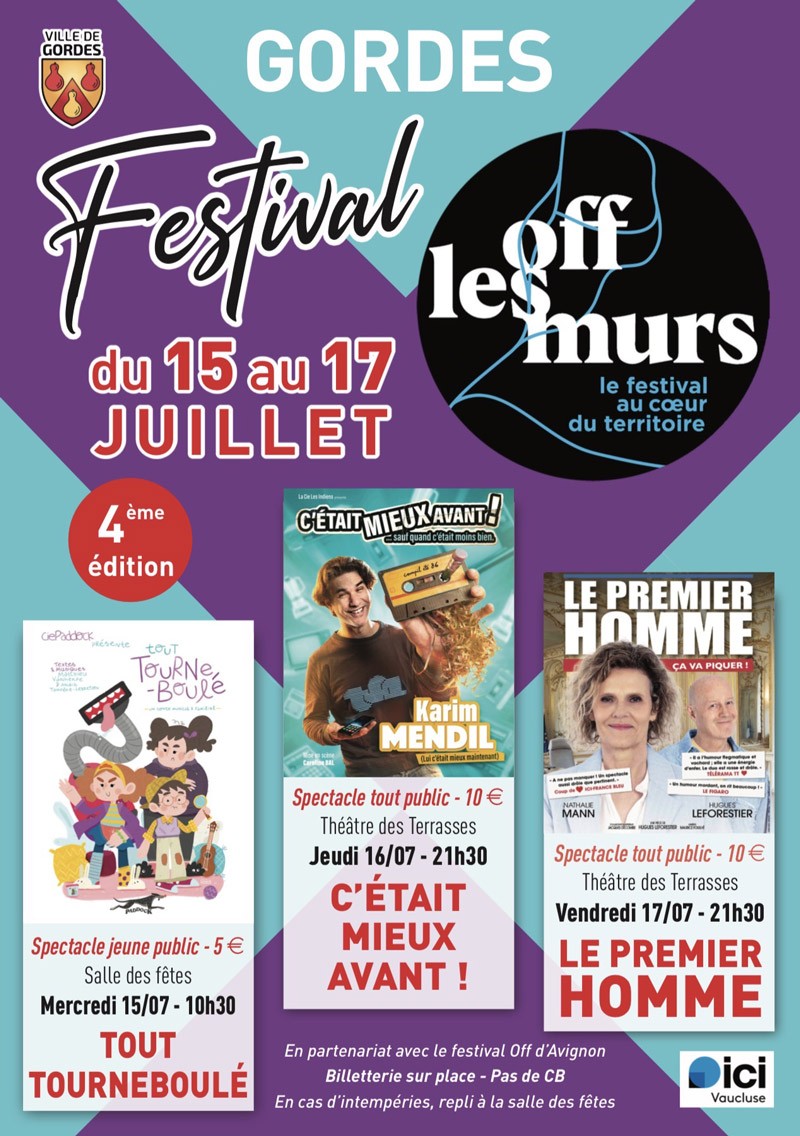 Poster of the Off les Murs Festival in Gordes with the young audience show Tout Tourneboulé