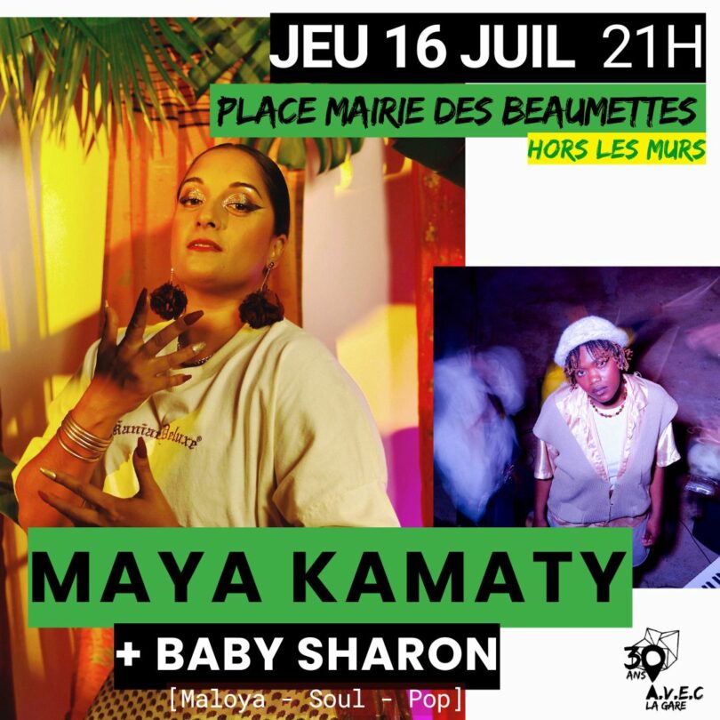 Poster for the Maya Kamaty + Baby Sharon concert in Les Beaumettes, programmed by La Gare de Coustellet