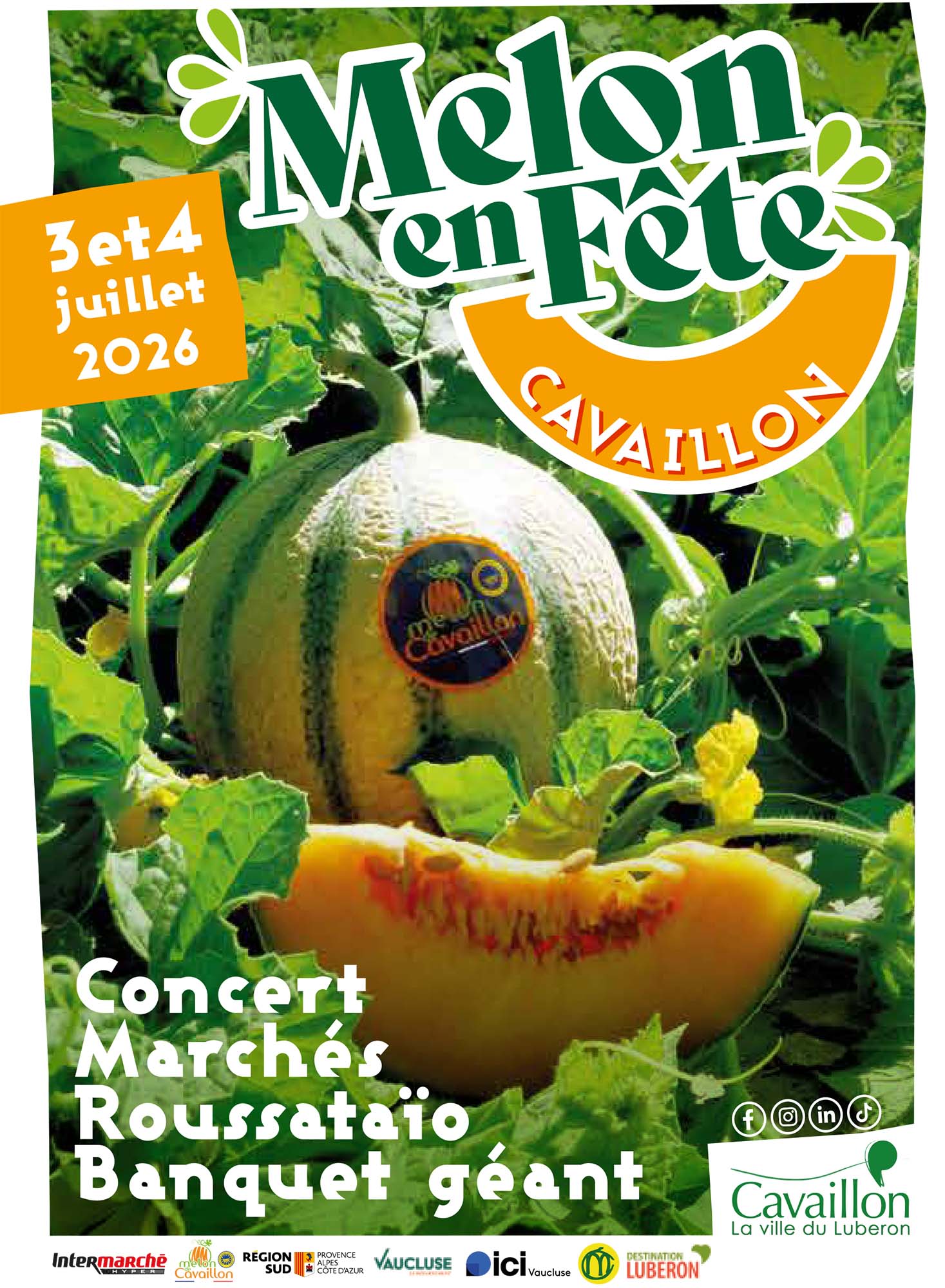 Official poster for Melon en Fête 2026 in Cavaillon, with the dates 3 and 4 July 2026