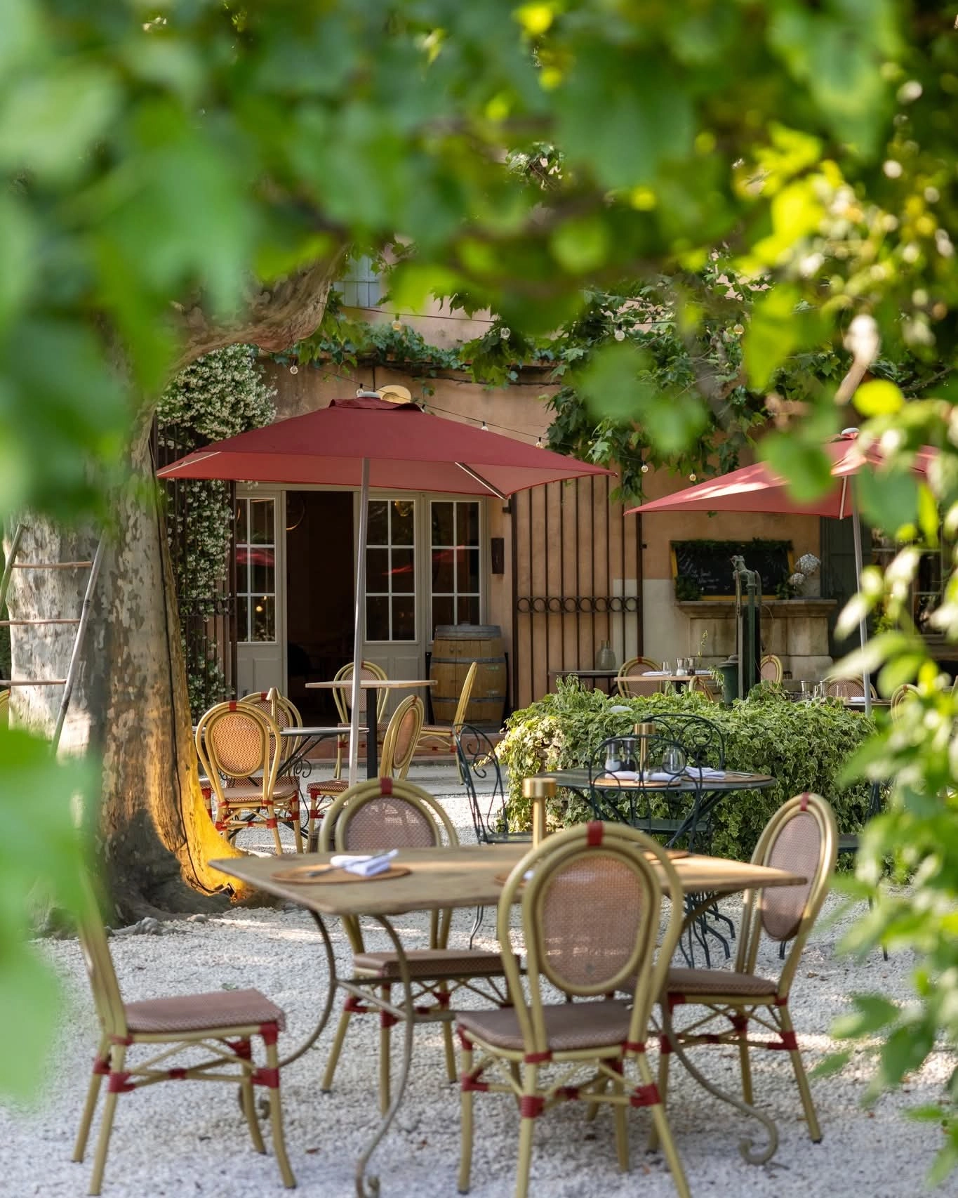 Terrace of the restaurant Sous les Platanes at the Domaine des Grès in Lagnes