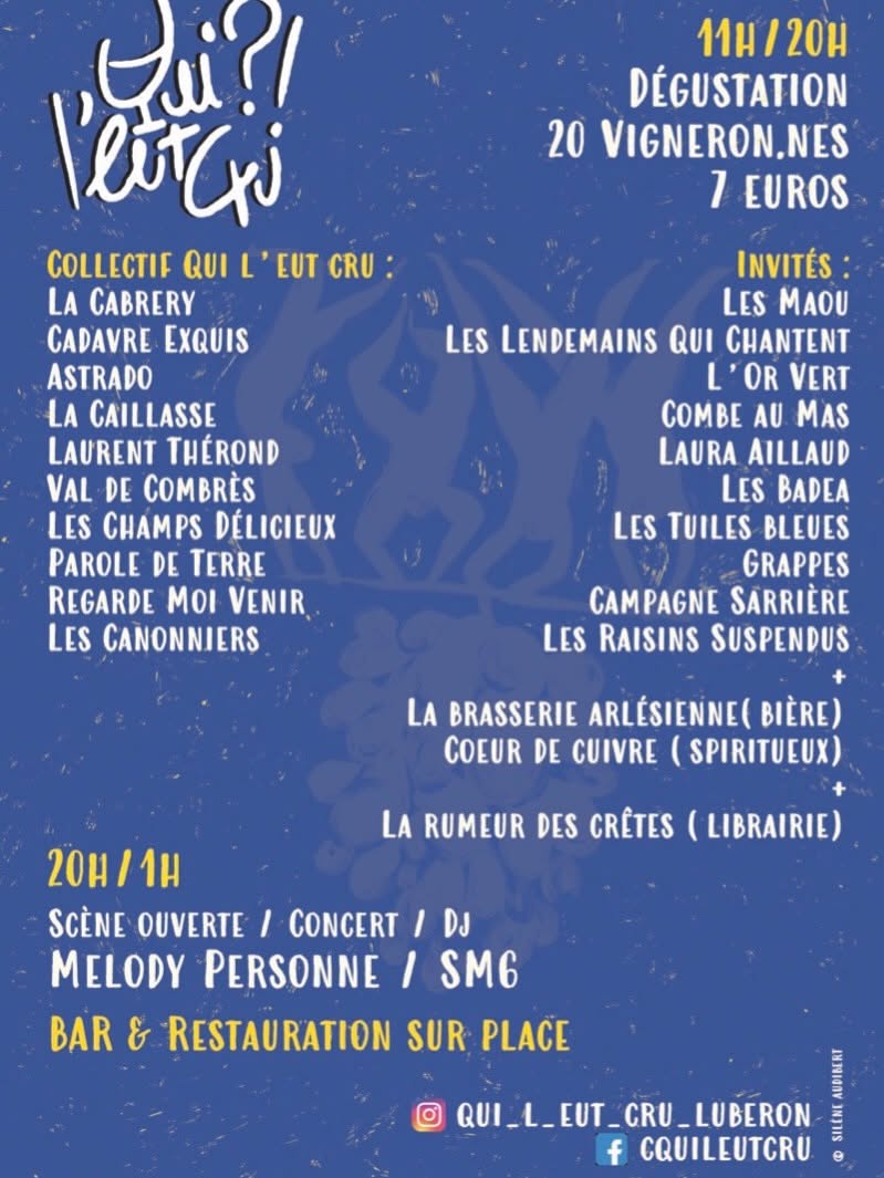 Program of the Luberon Natural Wine Festival avec dégustation, scène ouverte, concert et DJ