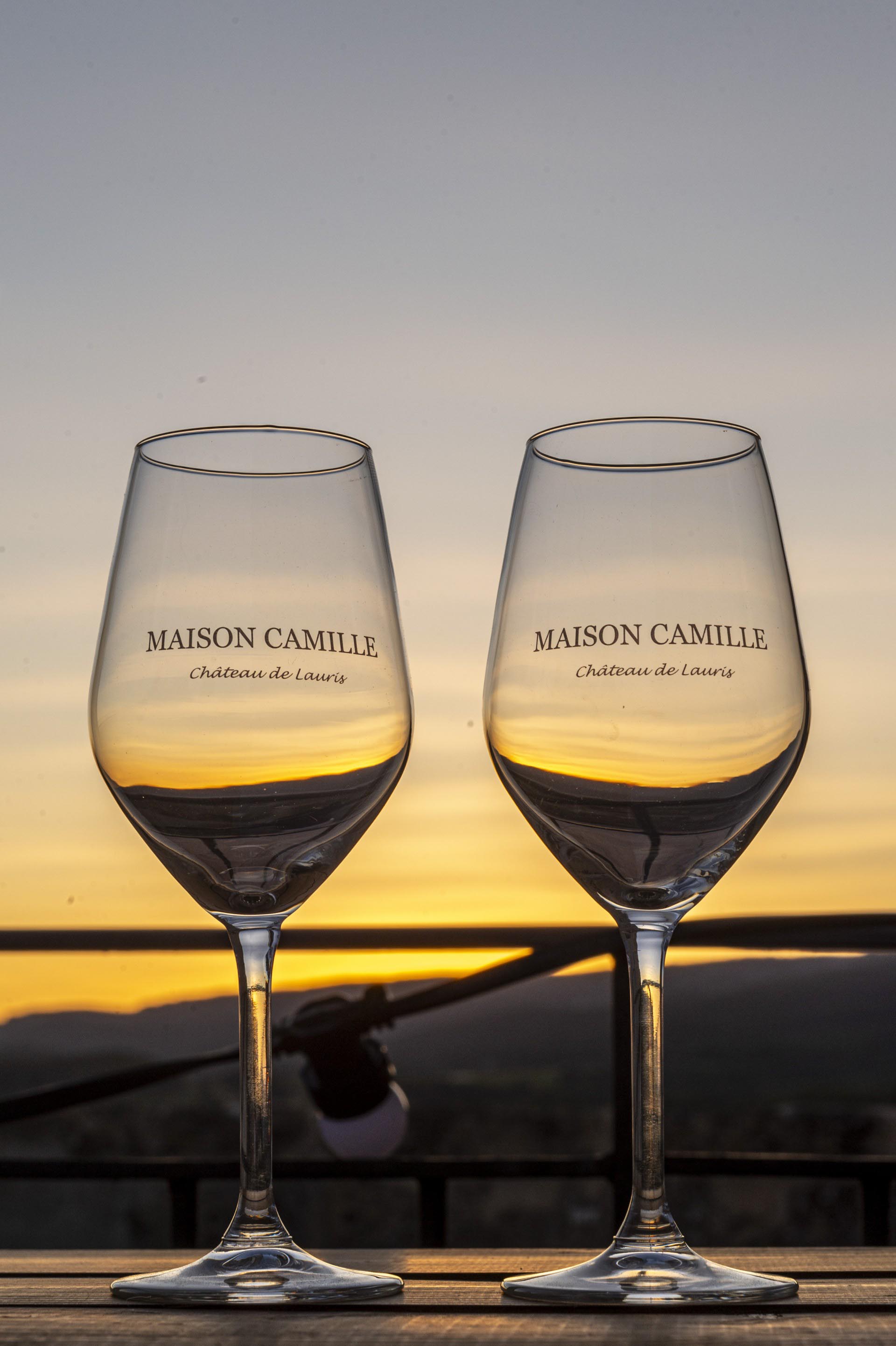Maison Camille glasses at sunset Maison Camille glasses with sunset over the Durance valley