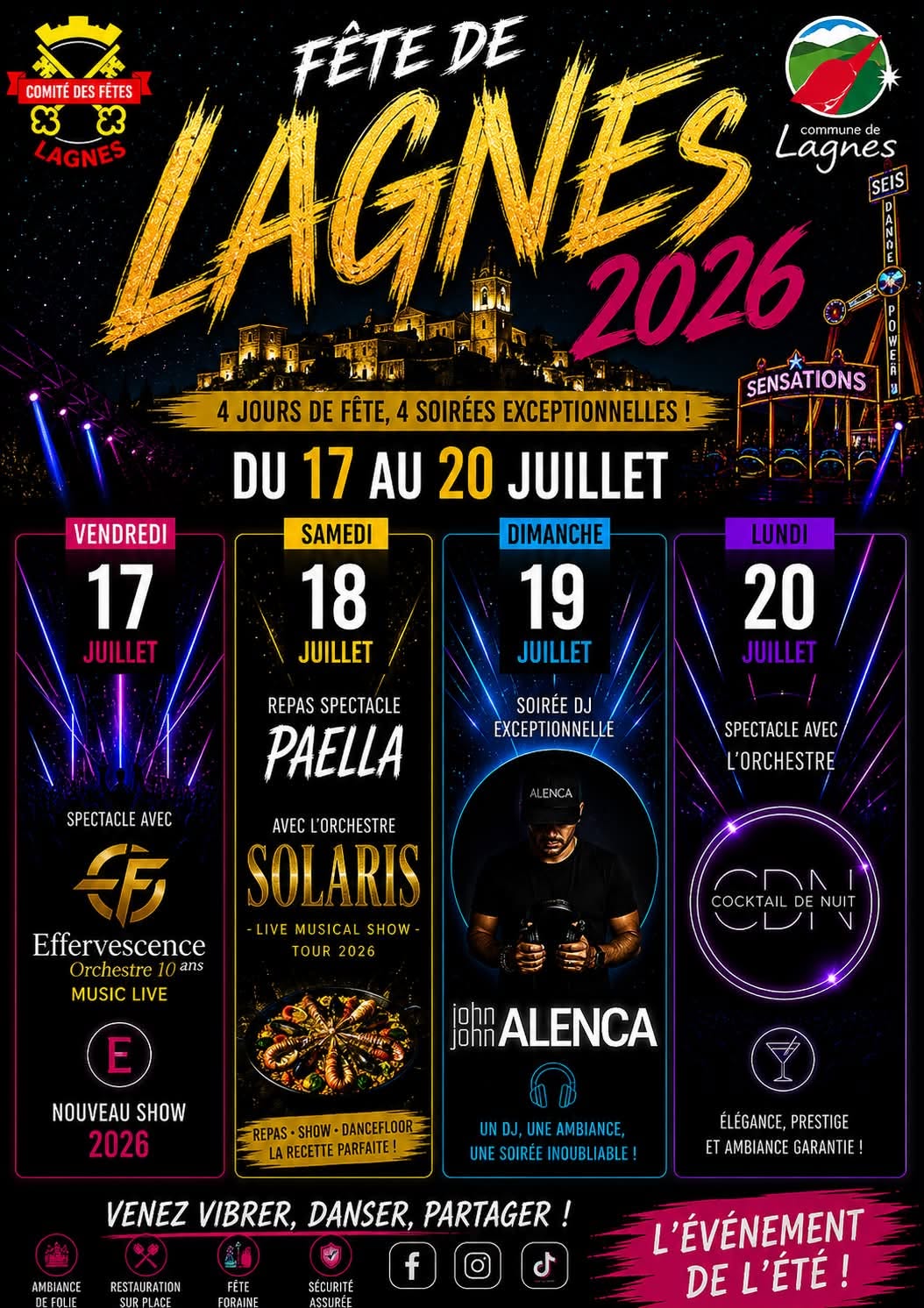 Poster for the Lagnes Festival 2026 with concerts, meal, competitions and entertainment