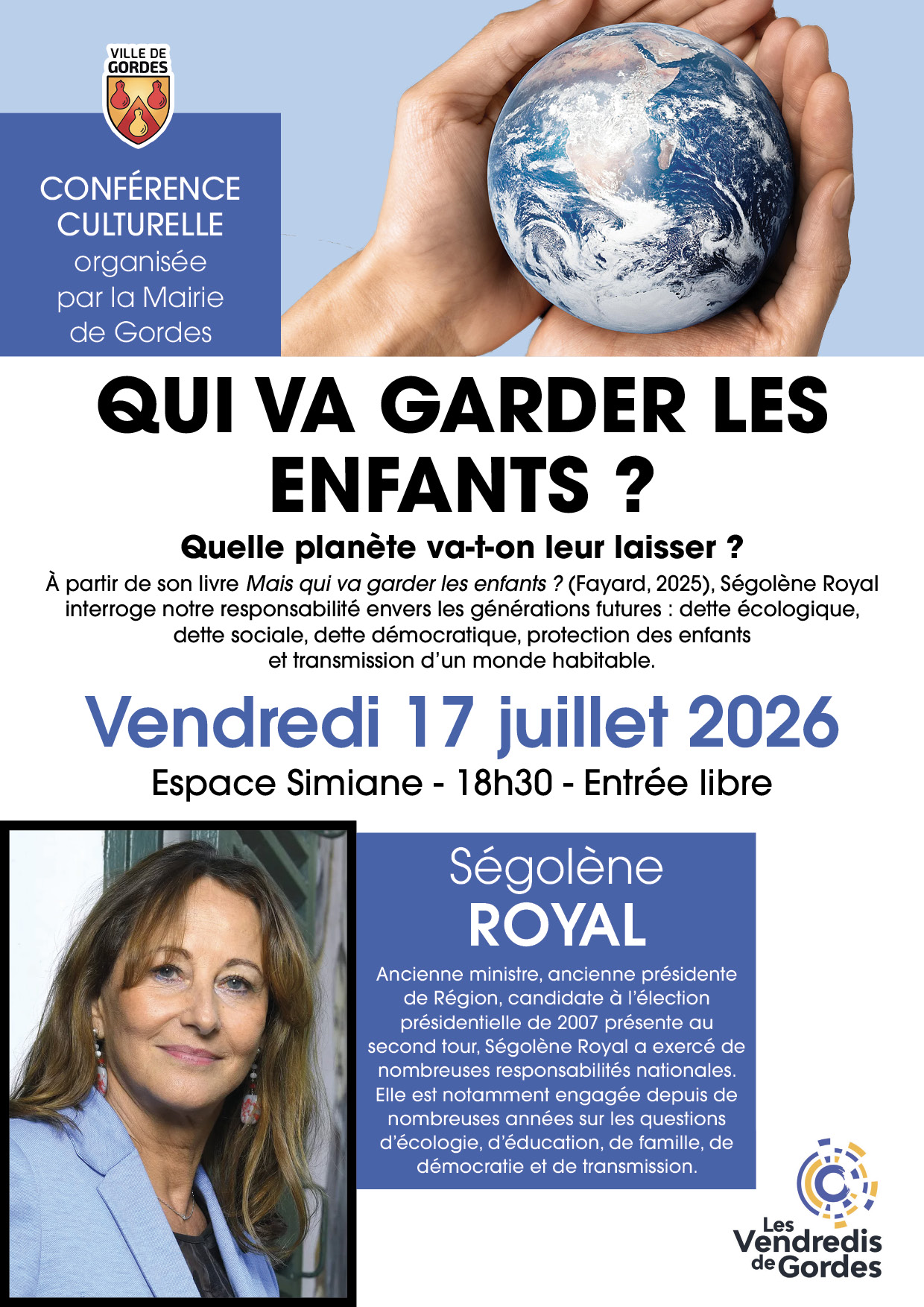 Poster for Ségolène Royal's talk in Gordes on 17 July 2026
