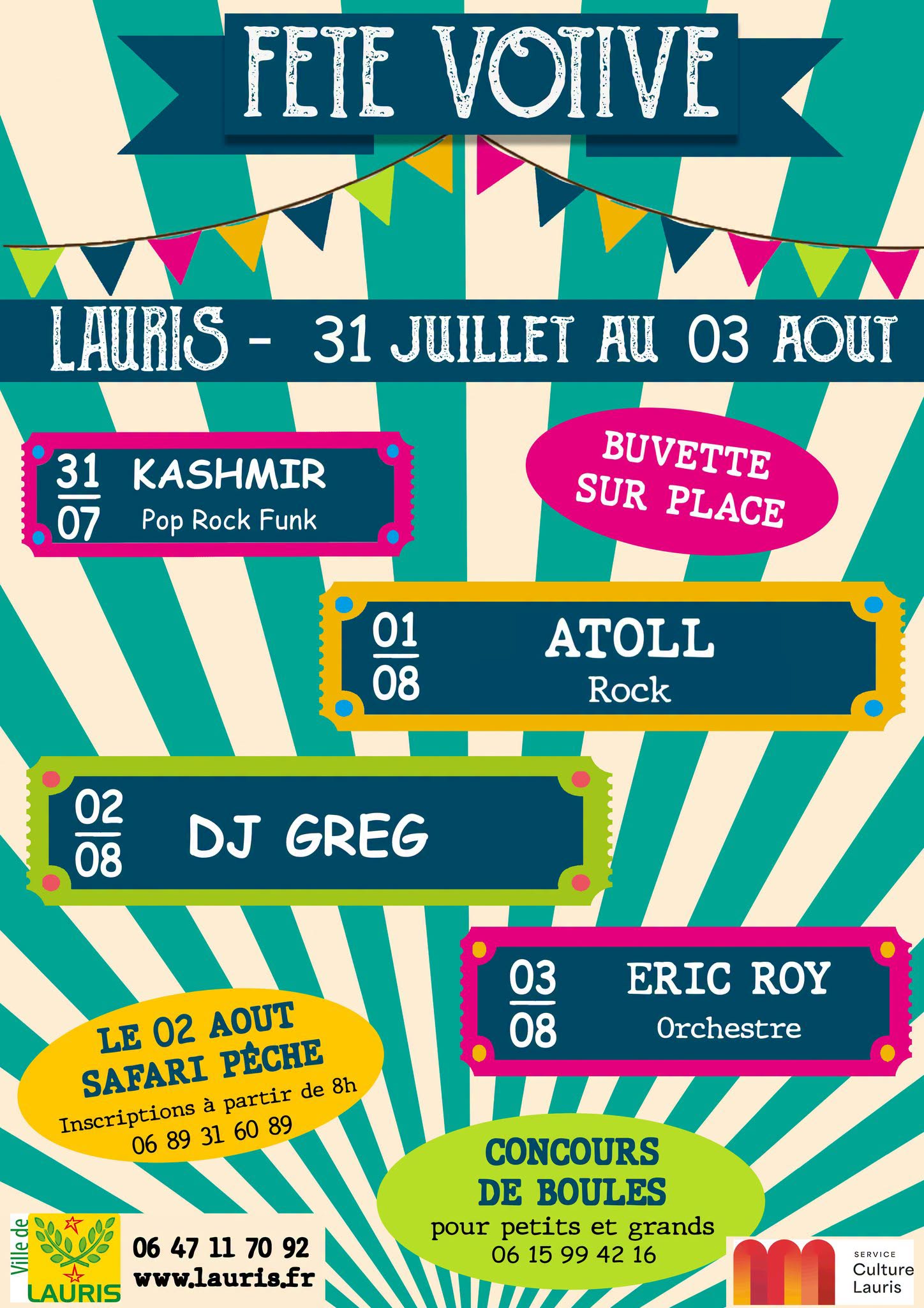 Poster for the village festival with concerts, food and drinks, fishing safari and boules competition