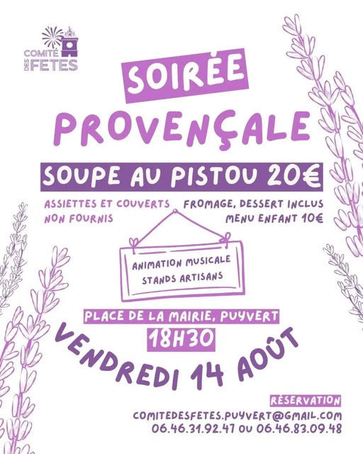 Poster for the Provençal evening in Puyvert with pistou soup, musical entertainment and artisan stalls
